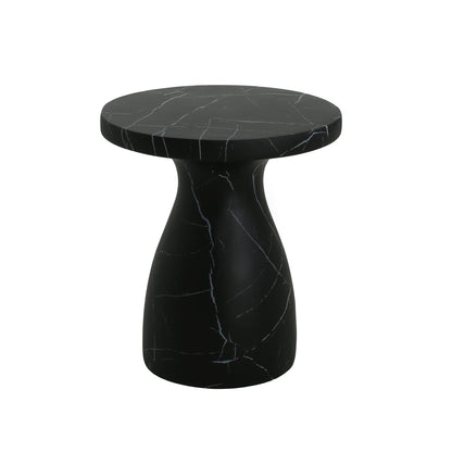 Beige travertine-look concrete side table with a square top on an outdoor patio