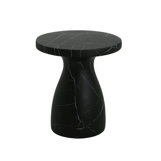 Beige travertine-look concrete side table with a square top on an outdoor patio