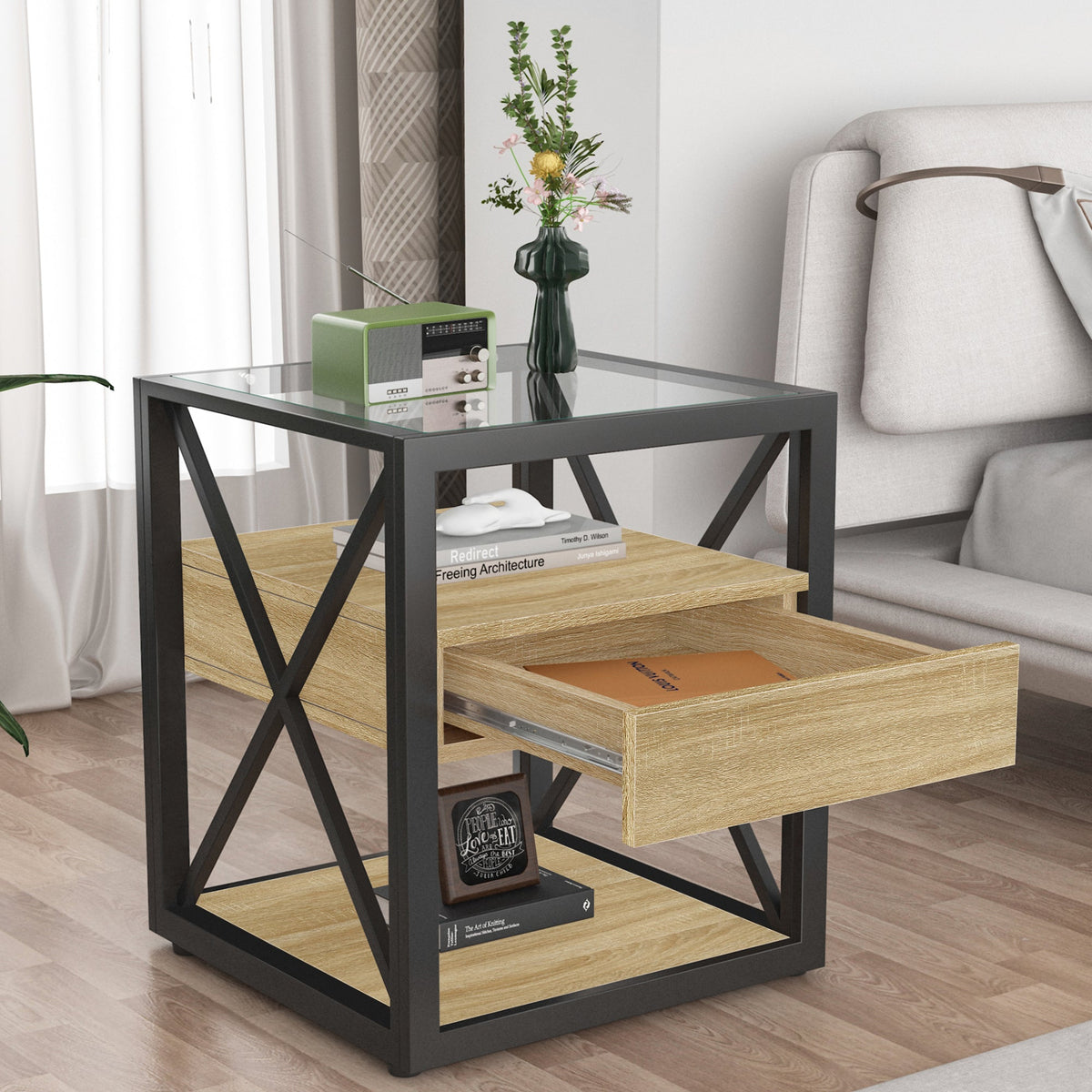 Modern 3-Tier End Table with Drawer and Tempered Glass Top – view 7