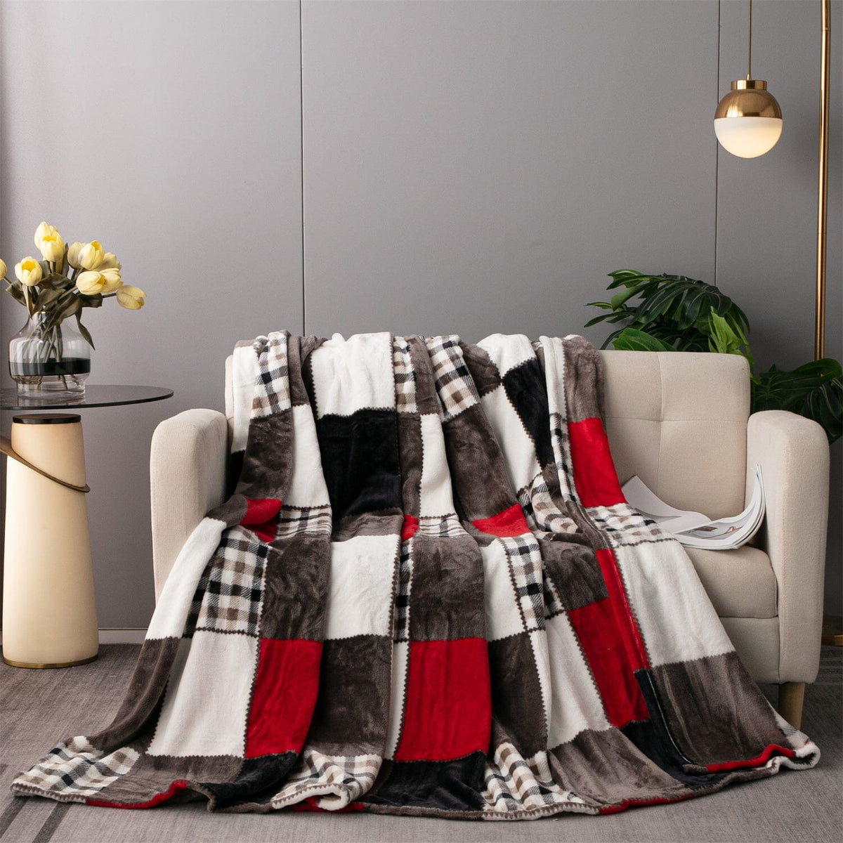 Polyester Fleece Patchwork Plaid Throw Blanket, Multiple Sizes