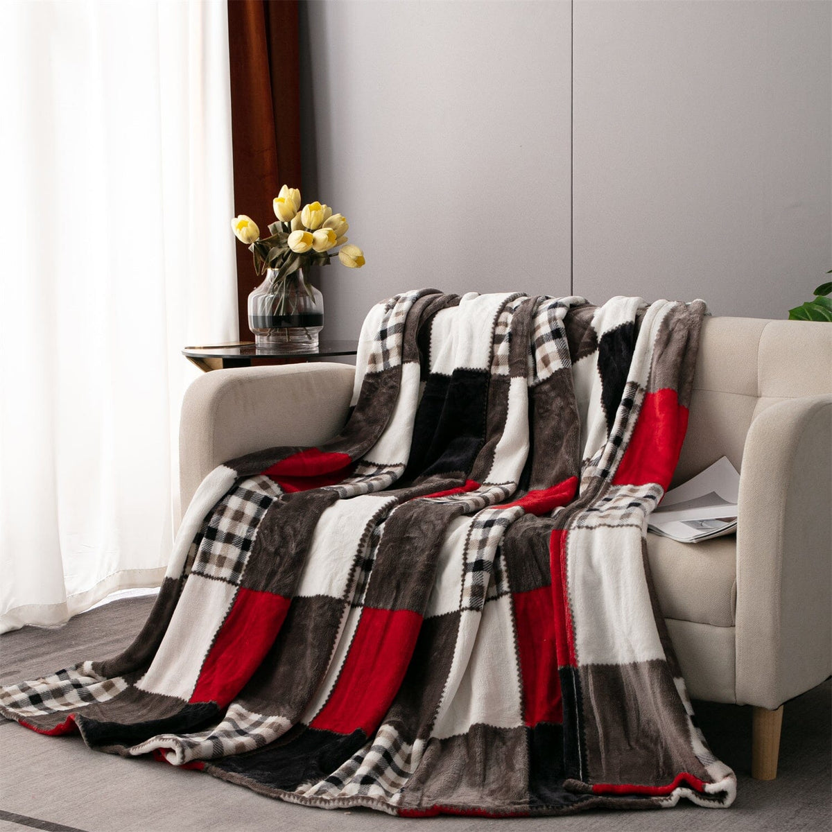 Sunset Maple Farmhouse Plaid Patchwork Fleece Throw Blanket – view 8