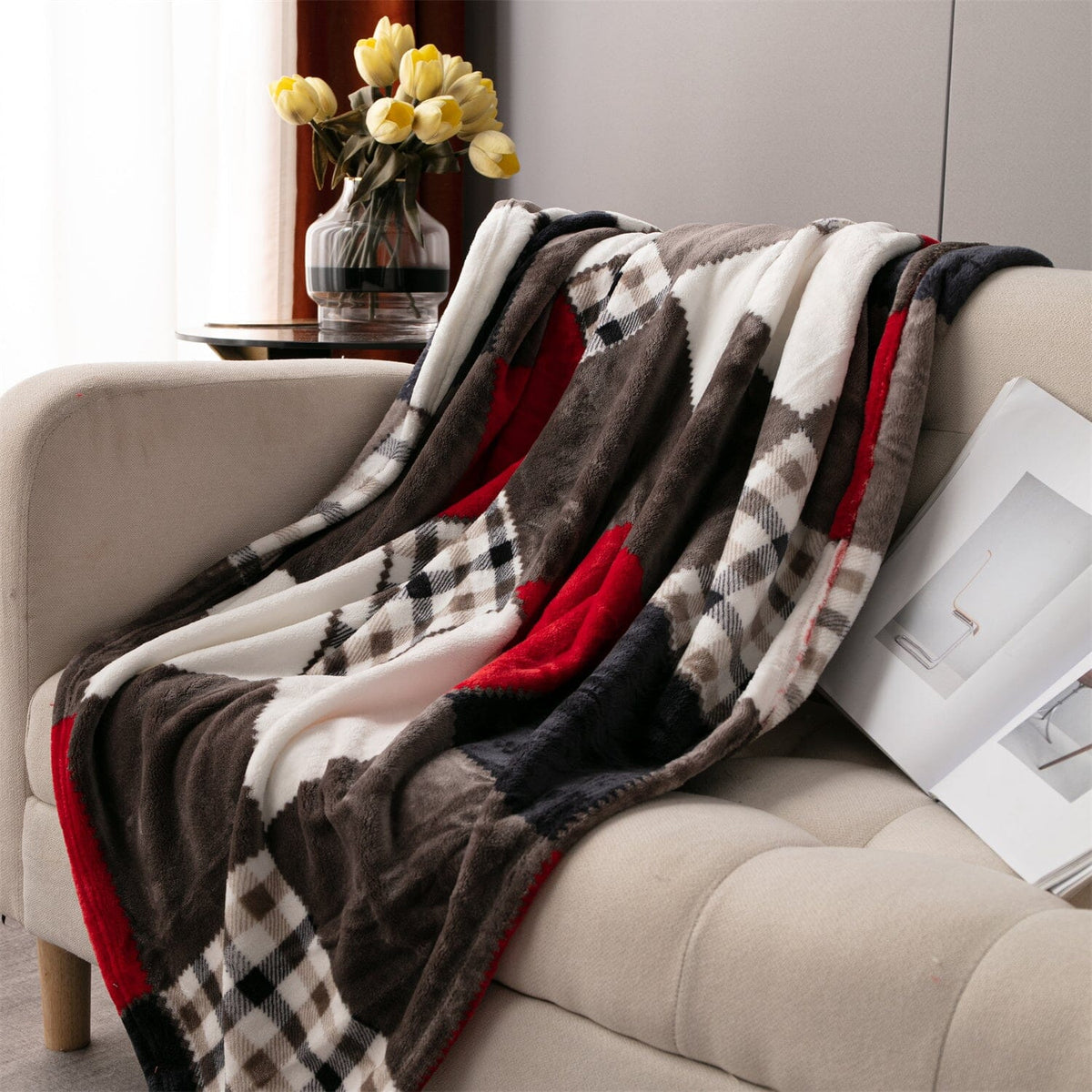 Sunset Maple Farmhouse Plaid Patchwork Fleece Throw Blanket – view 9