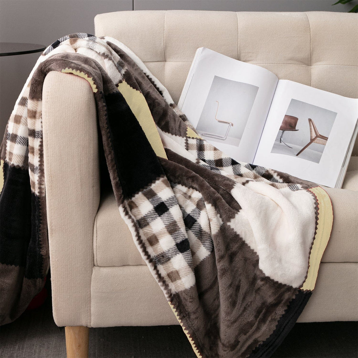 Buttermilk Fall Farmhouse Plaid Patchwork Fleece Throw Blanket – view 4