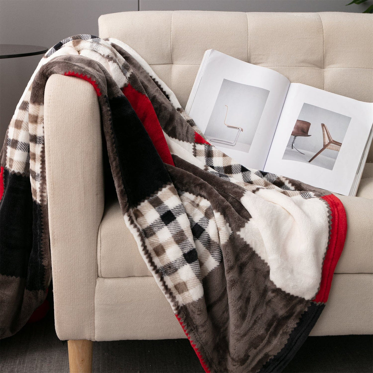 Sunset Maple Farmhouse Plaid Patchwork Fleece Throw Blanket – view 10