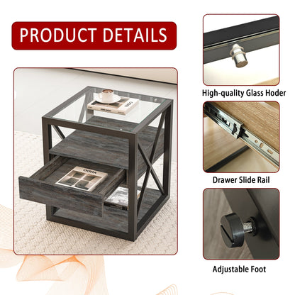 Industrial End Tables with Drawer and Glass Top, Set of 2 Nightstands – view 9
