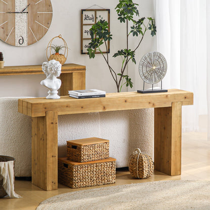 63" Solid Wood Rustic Farmhouse Console Table, Natural Wood – view 2