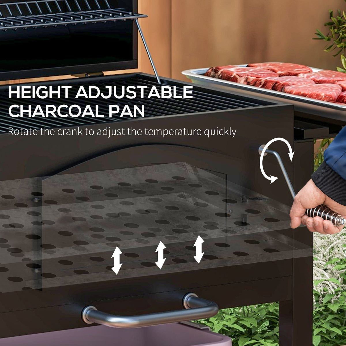 Black Steel Charcoal Grill with Adjustable Charcoal Pan and Folding Shelves – view 7
