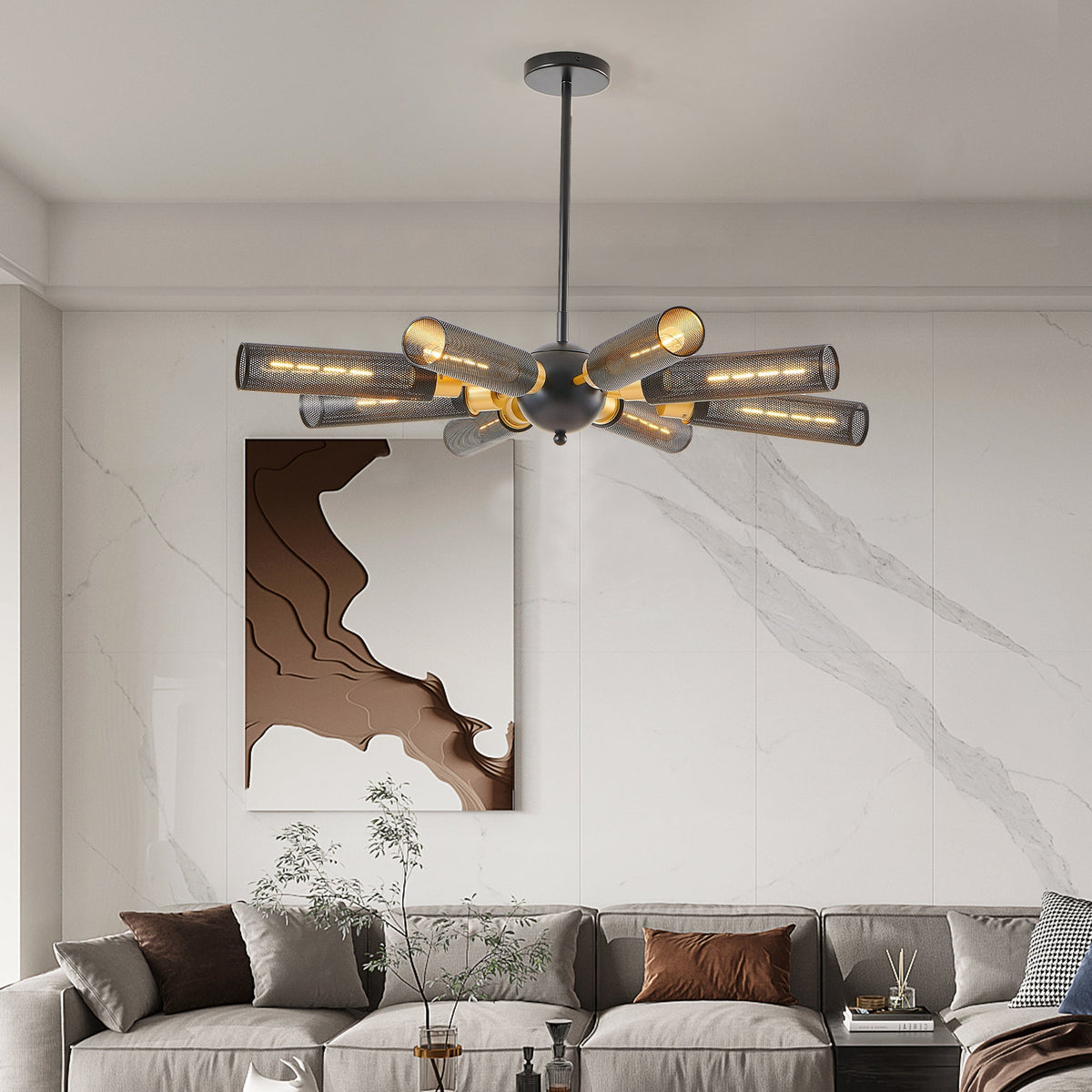 Black industrial Sputnik 8-light chandelier with mesh shades over a dining table