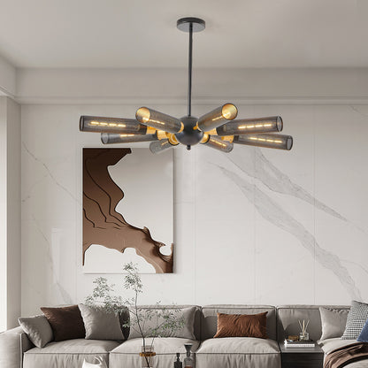 Black industrial Sputnik 8-light chandelier with mesh shades over a dining table
