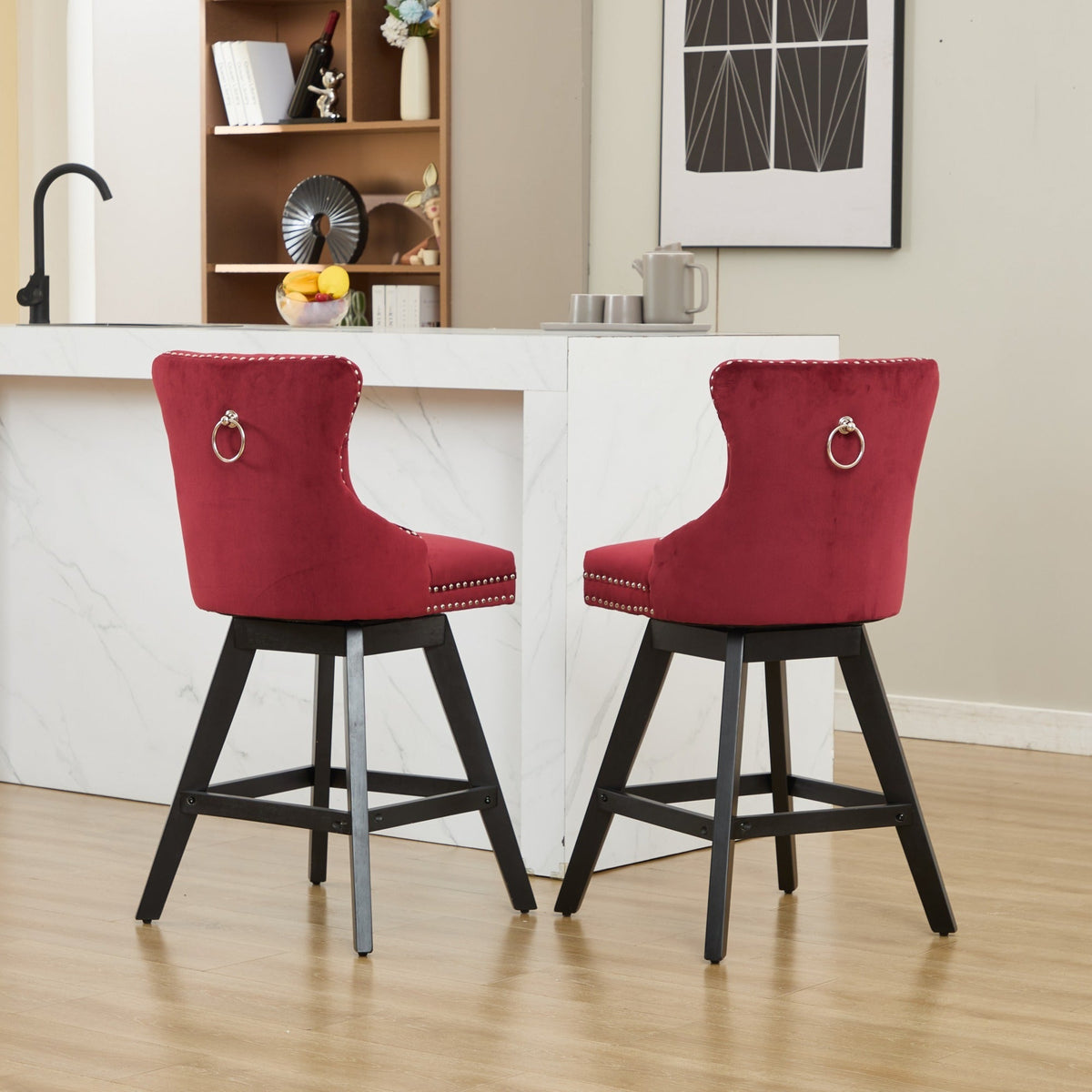 Wine Red Velvet Swivel Bar Stools with Button Tufting, Set of 2 – view 21