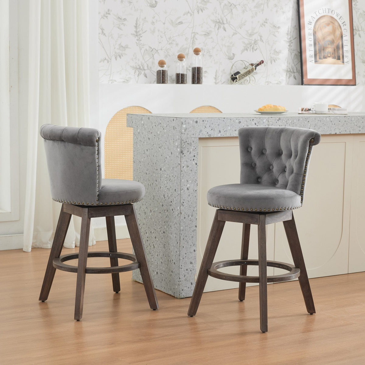 26" Gray Velvet Swivel Counter Height Bar Stools, Set of 2 – view 19