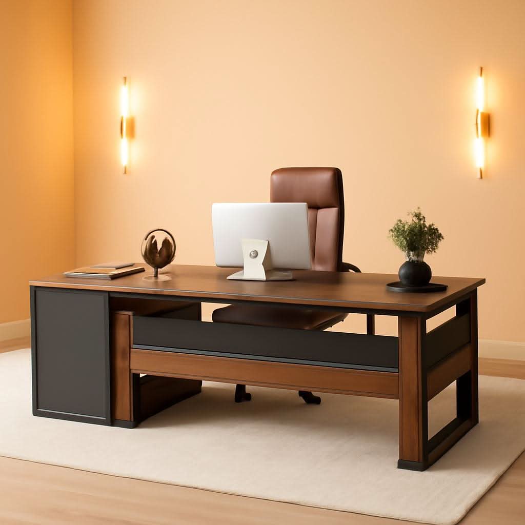 Brown and Black MDF L-Shaped Executive Desk with Storage
