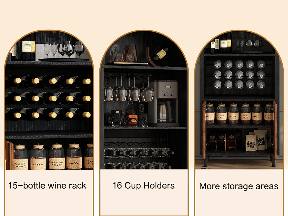 71-Inch Farmhouse Arched Wine Bar Cabinet with Glass Holders, Black – view 12