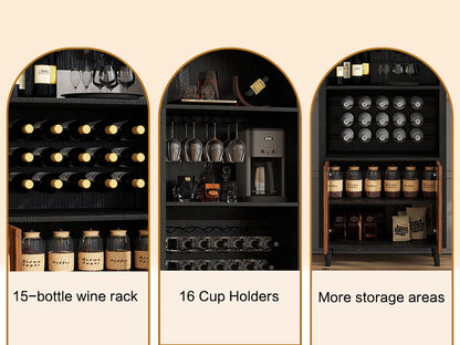 71-Inch Farmhouse Arched Wine Bar Cabinet with Glass Holders, Black – view 12