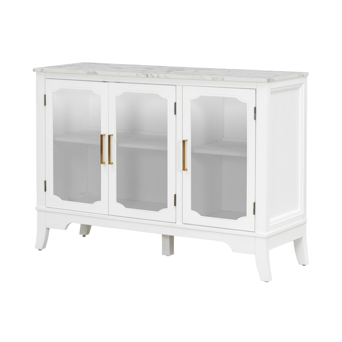 White 3-Door Storage Cabinet with Glass Panels and Gold Handles – view 4