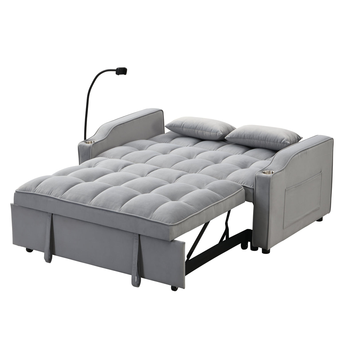 Light Gray Velvet Sleeper Loveseat with Pullout Bed and USB Ports – view 10