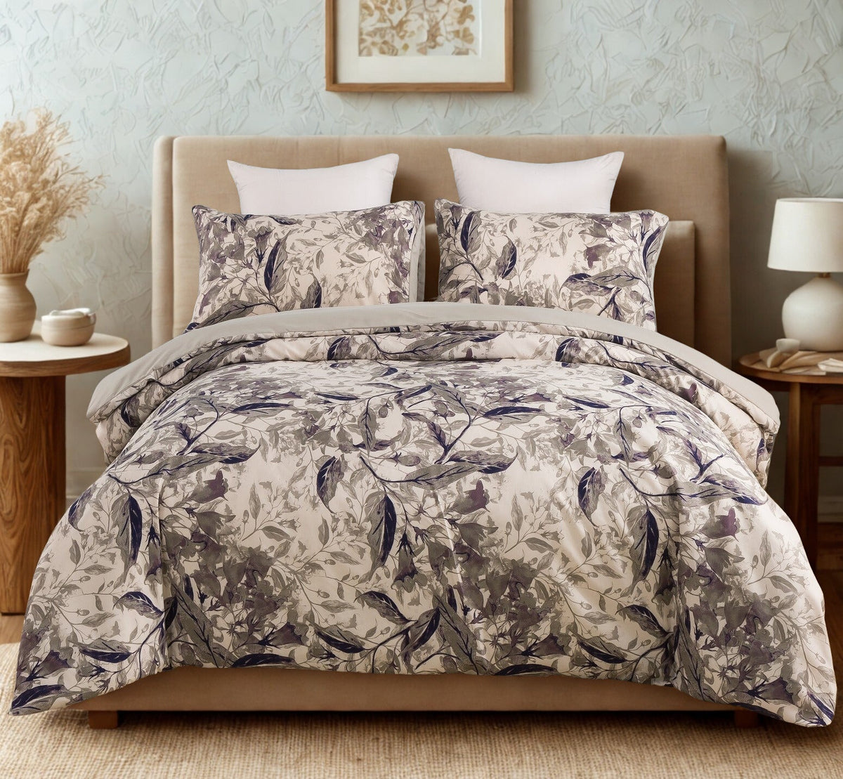 Microfiber Abstract Wispy Leaf Duvet Cover, Taupe and Grey