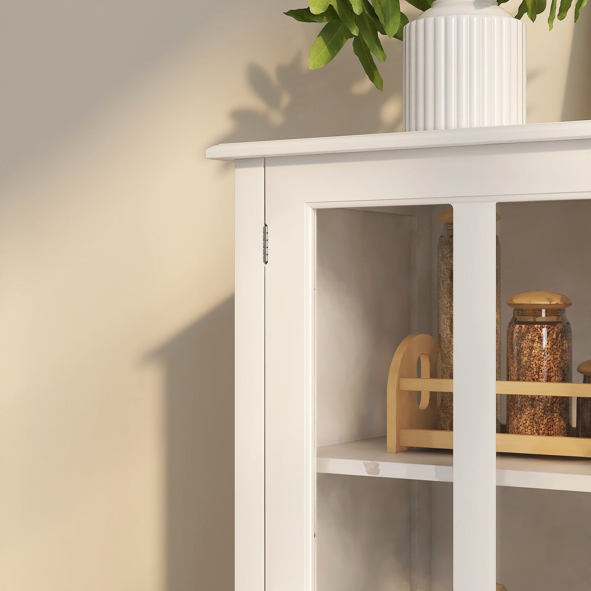 White Buffet Storage Cabinet with Double Glass Doors and Bell Handles – view 7