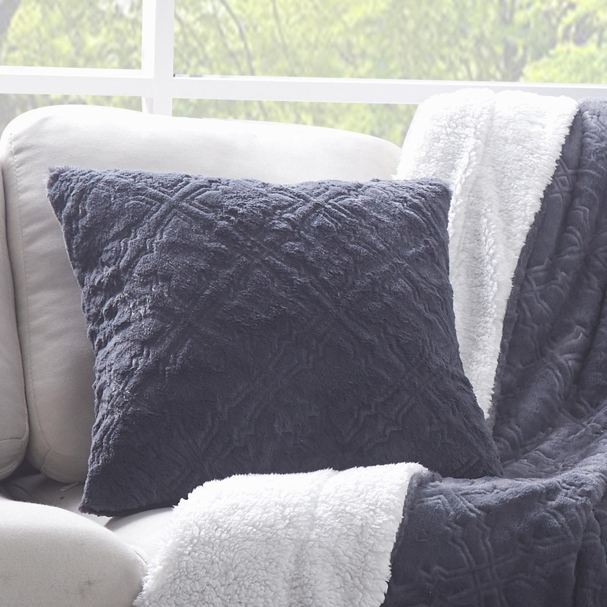 Steel Navy Blue Faux Fur Diamond Trellis Cushion Cover or Euro Sham – view 2