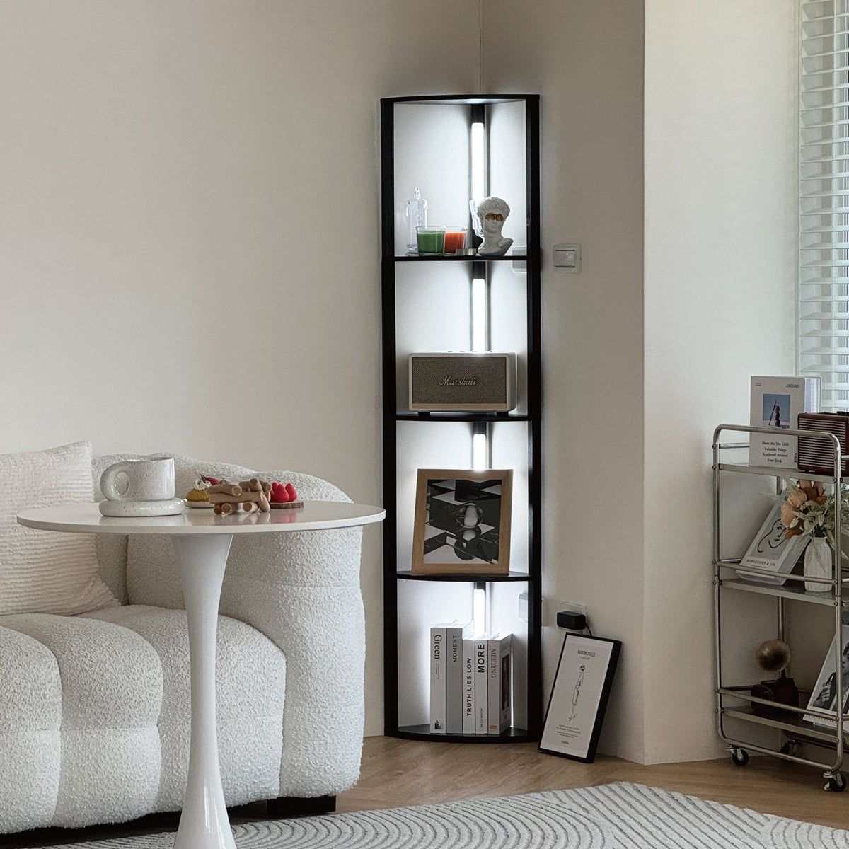 UV-Coated Engineered Wood Corner Display Shelf with LED Lighting