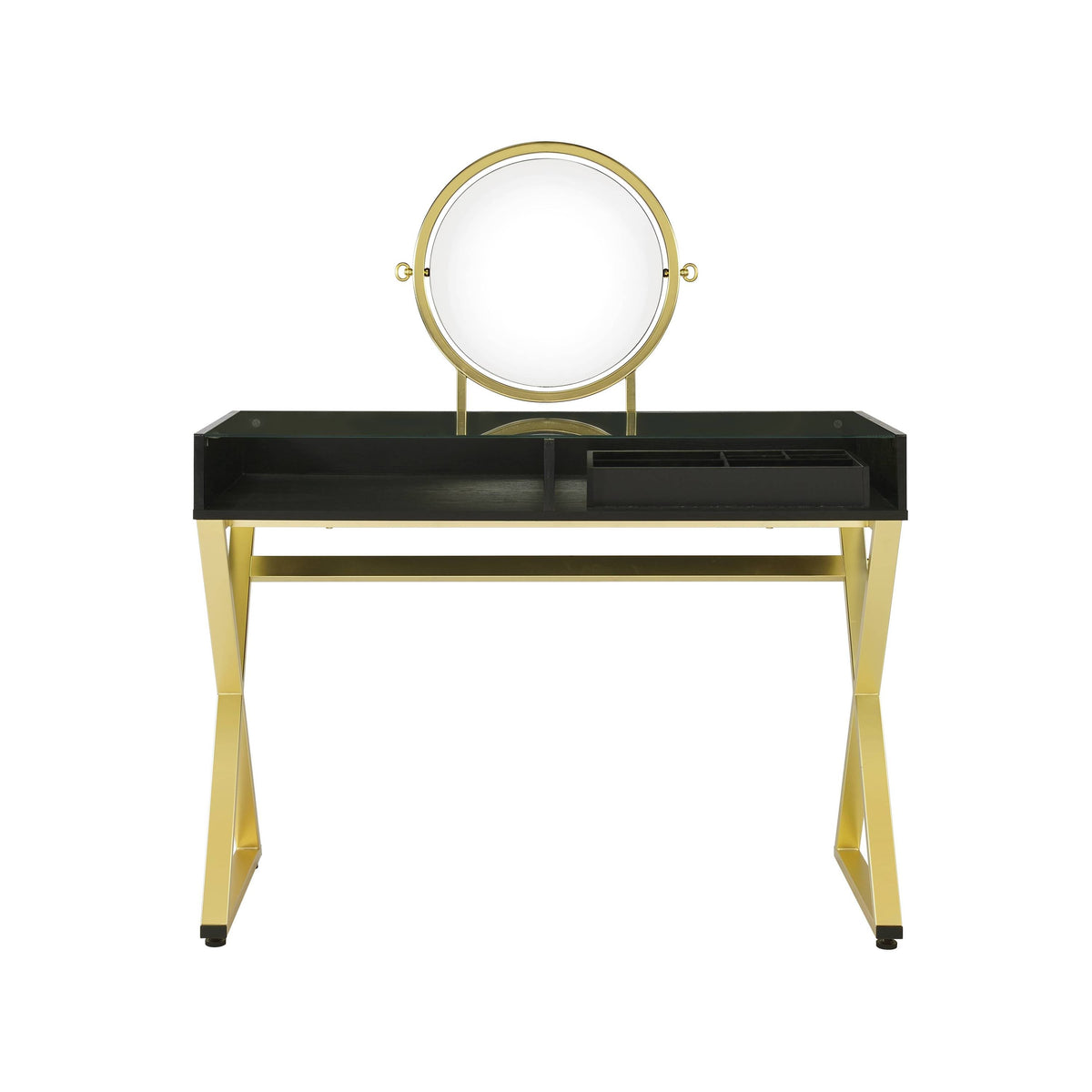 Black and Gold Vanity Desk with Mirror, Jewelry Tray and Two Drawers – view 2