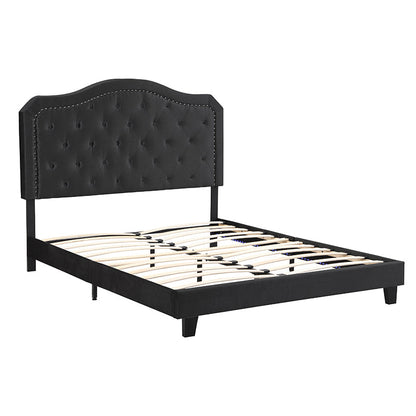 Queen Velvet Upholstered Bed with Button-Tufted Curved Headboard and LED – view 7