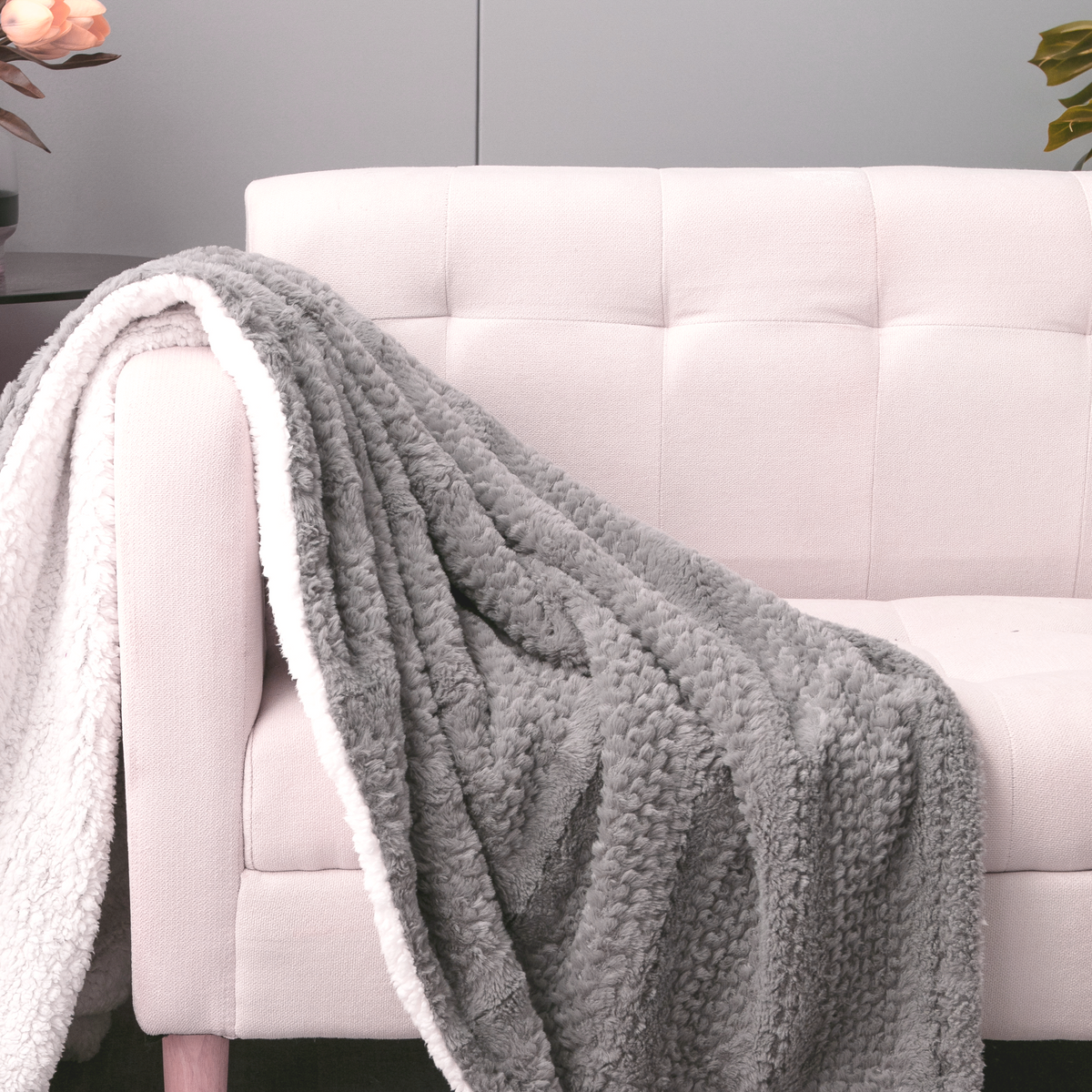 Dark Grey Bubble Textured Faux Fur and Sherpa Throw Blanket – view 2