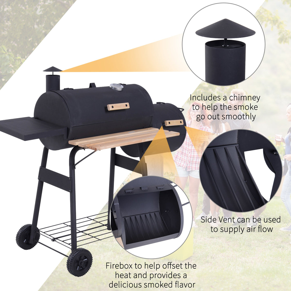48-Inch Steel Charcoal BBQ Grill and Offset Smoker Combo in Black – view 6