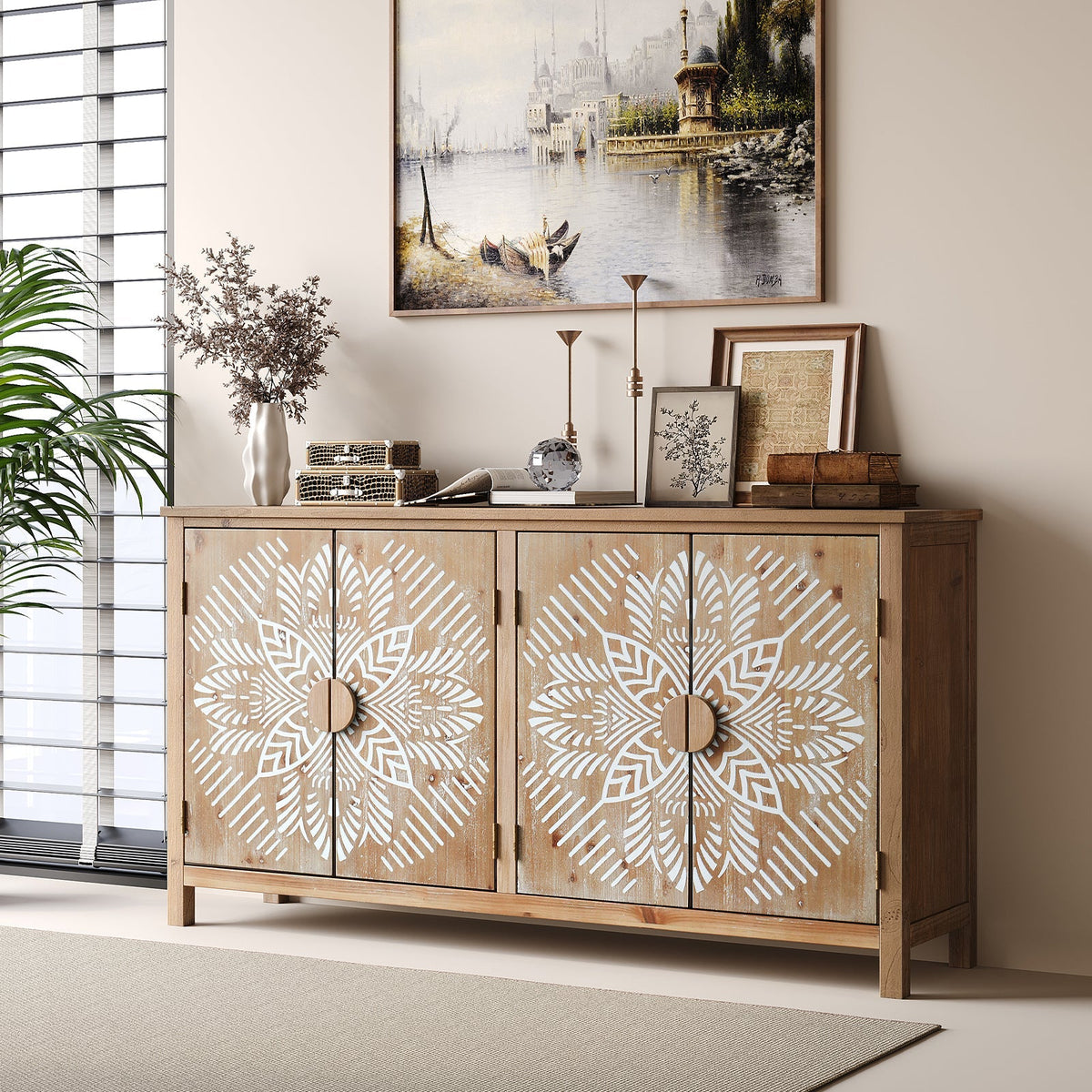 60 Inch Antique Brown and White Wood Accent Cabinet with 4 Doors – view 3