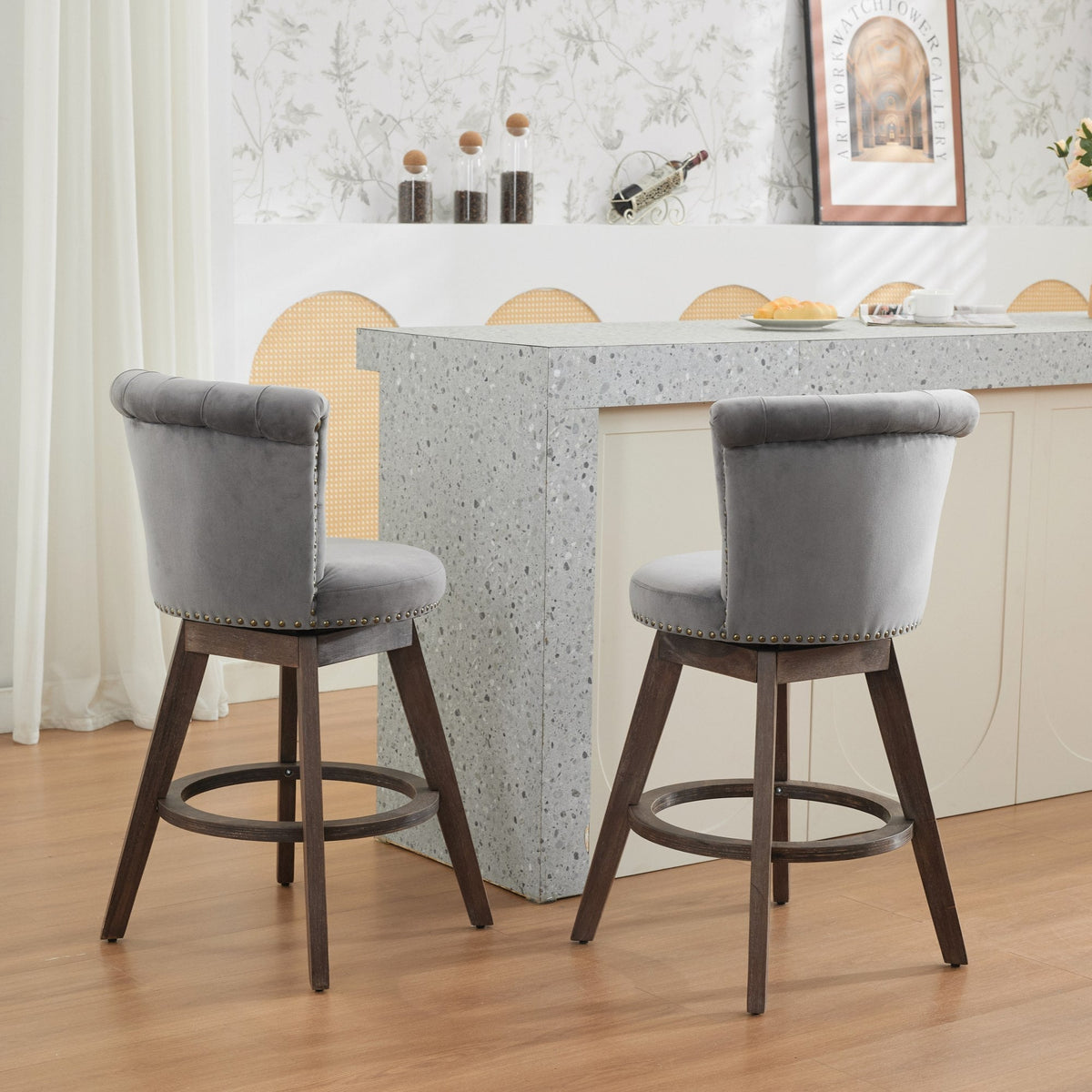 26" Gray Velvet Swivel Counter Height Bar Stools, Set of 2 – view 20