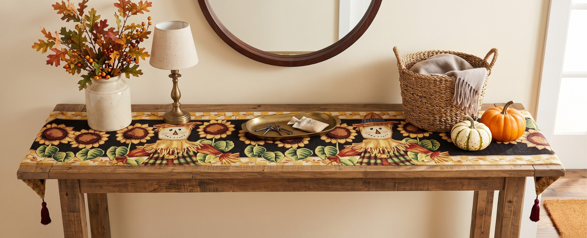 Sunflower Field Scarecrow Autumn Harvest Woven Tapestry Table Runner – view 13