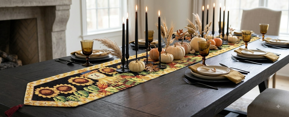 Sunflower Field Scarecrow Autumn Harvest Woven Tapestry Table Runner – view 14