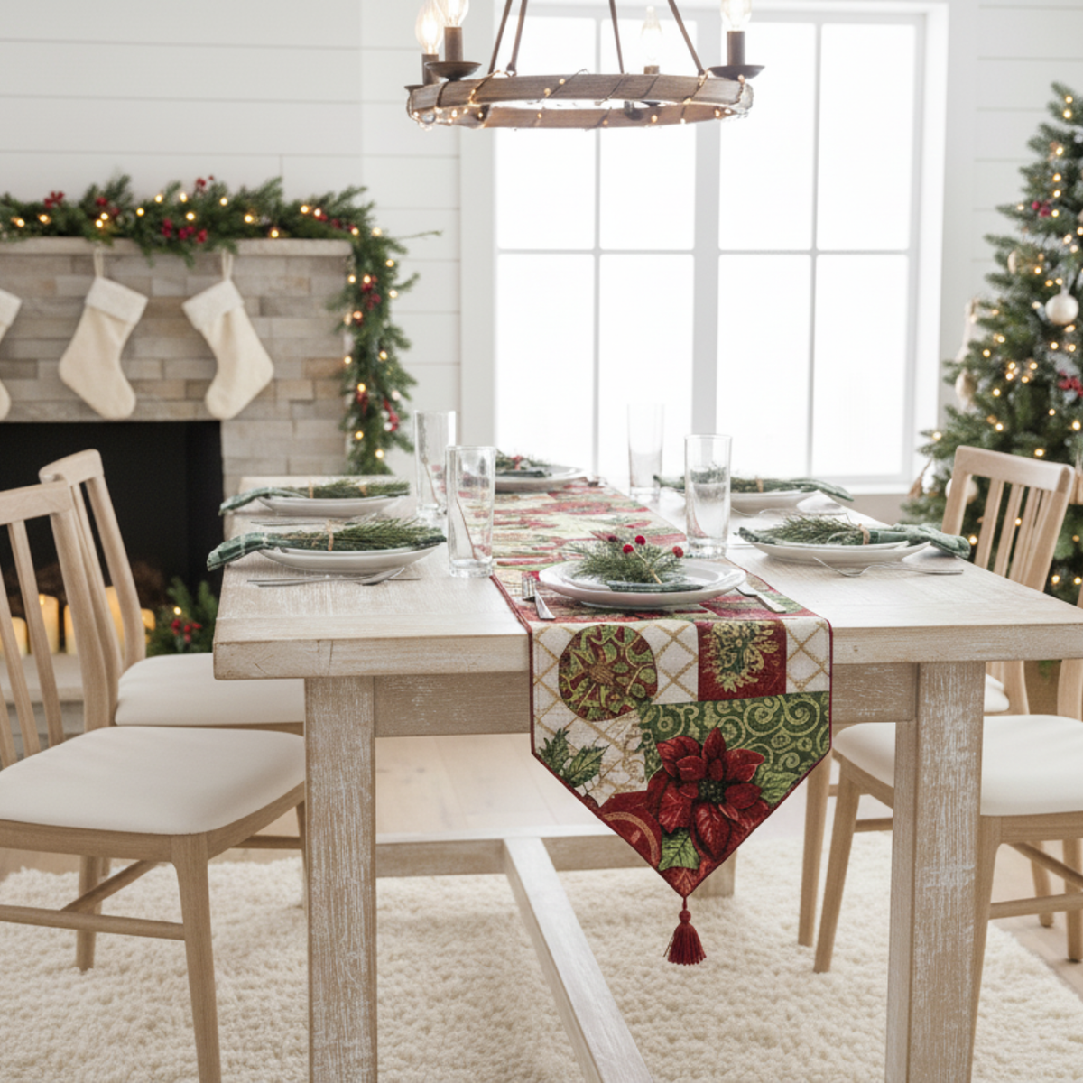 Holiday Tidings Poinsettia and Ornament Christmas Table Runner – view 4