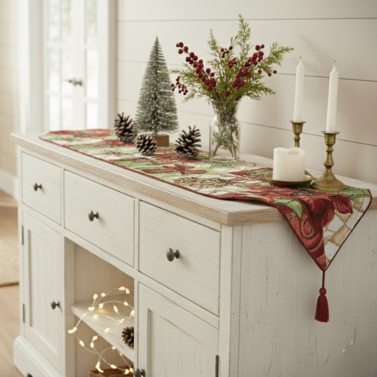 Holiday Tidings Poinsettia and Ornament Christmas Table Runner – view 5