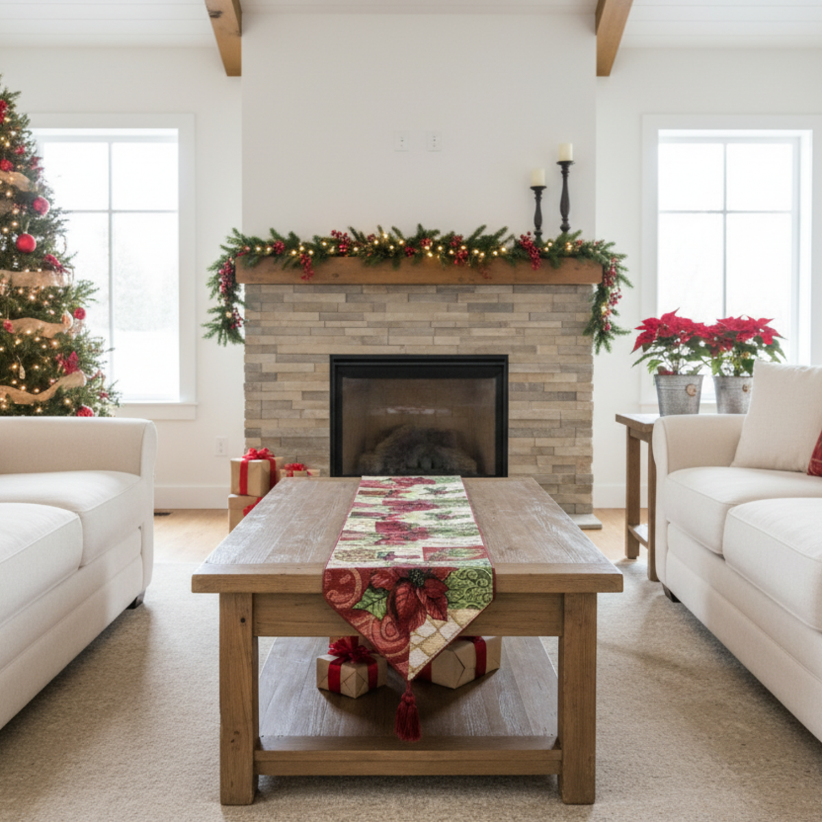 Holiday Tidings Poinsettia and Ornament Christmas Table Runner – view 8