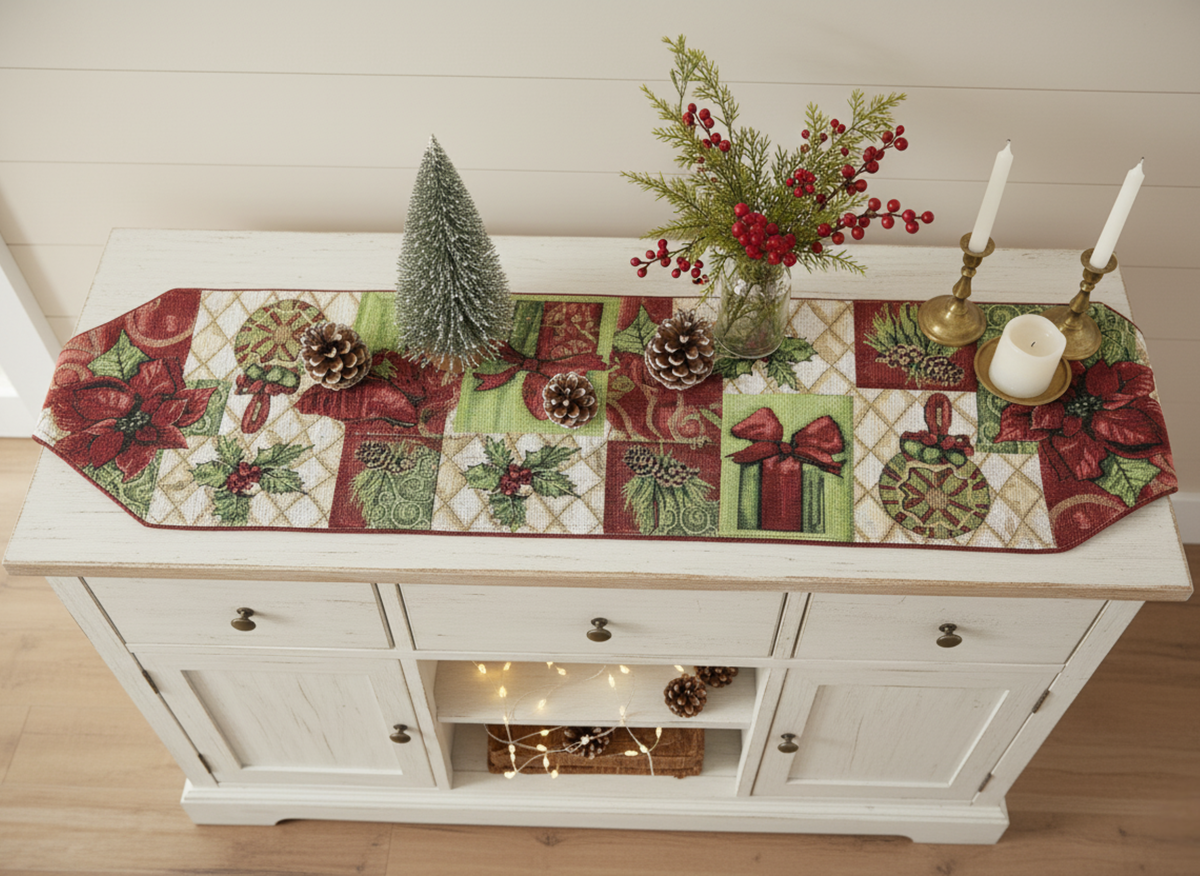 Holiday Tidings Poinsettia and Ornament Christmas Table Runner – view 6