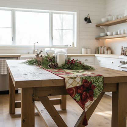 Holiday Tidings Poinsettia and Ornament Christmas Table Runner – view 7