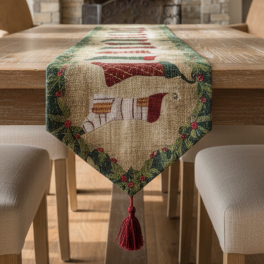 Cotton Blend Festive Holiday Table Runner with Stocking Design