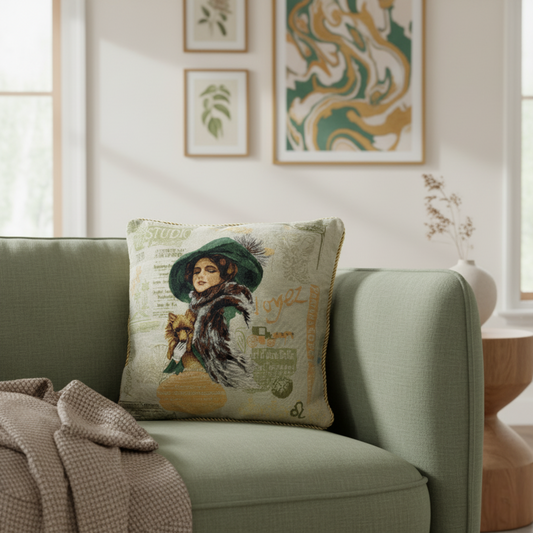 Puppy Day Out French Postcard Emerald Green Tapestry Pillow Cover – view 2