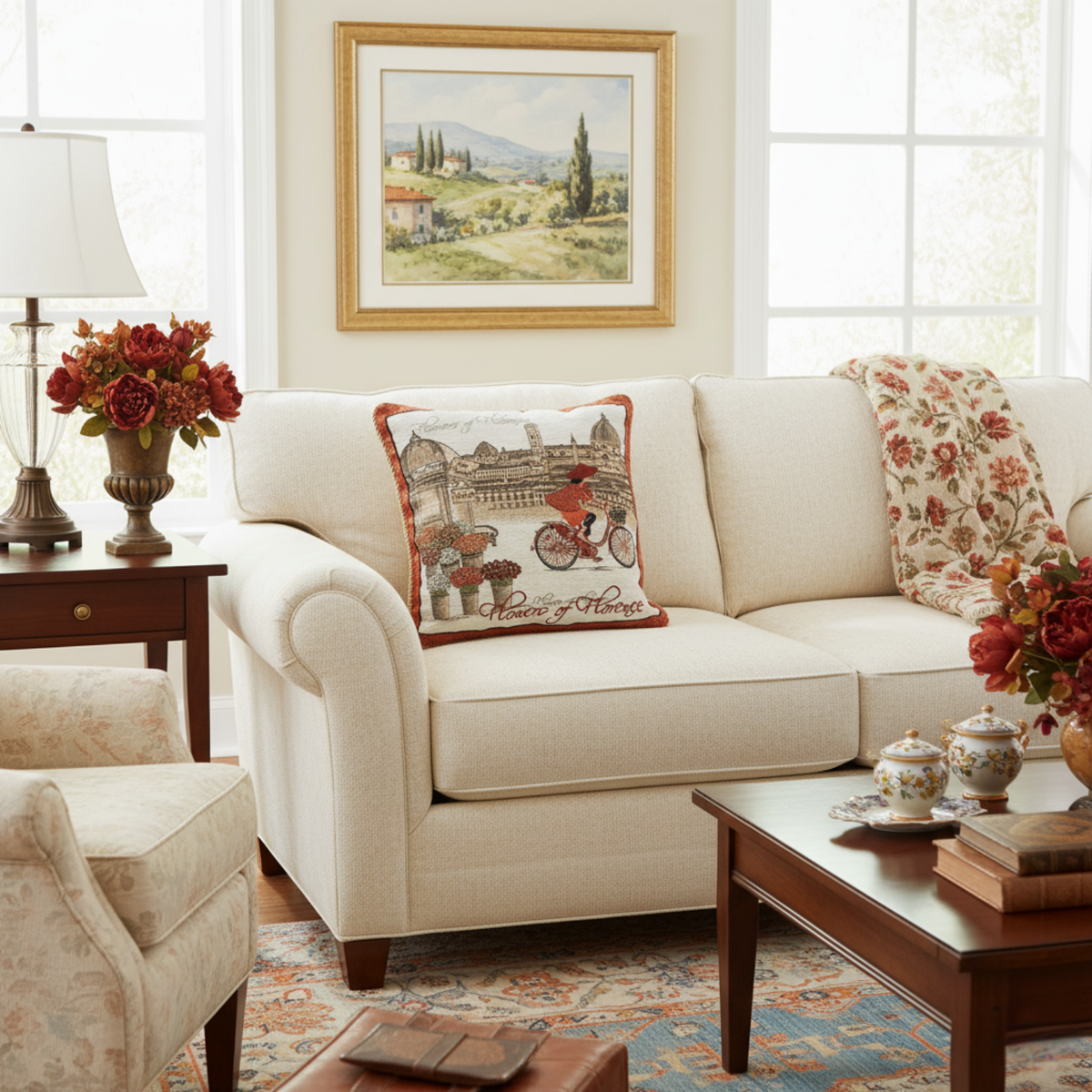 Flowers of Florence Italy Skyline Woven Tapestry Pillow Cover – view 2