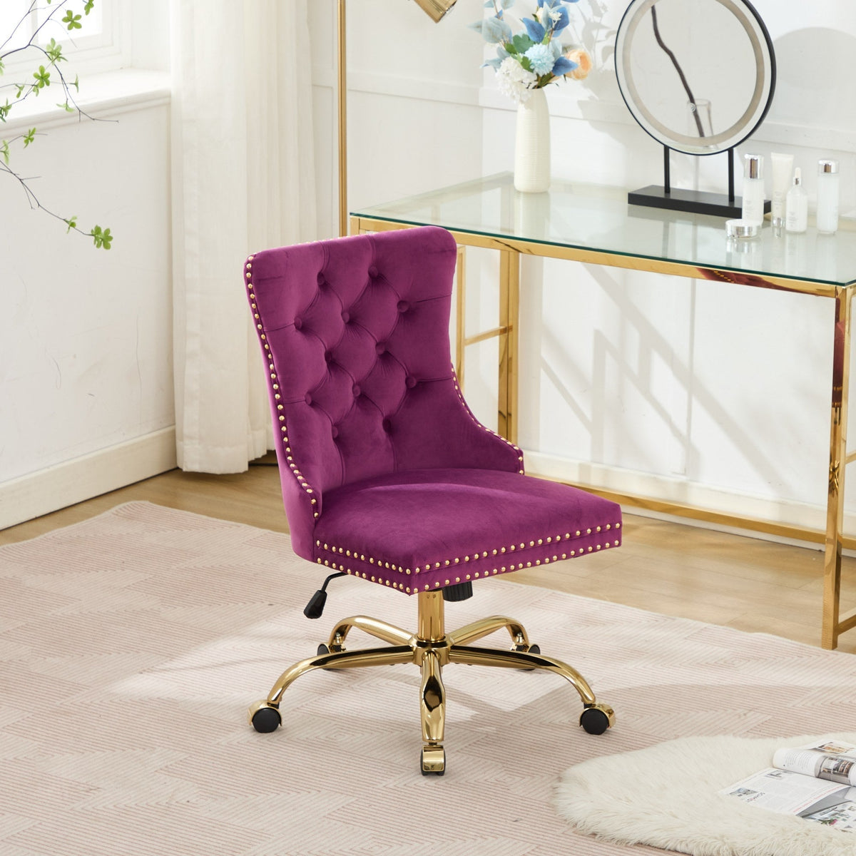 Purple Velvet Tufted Office Chair with Gold Accents and Nailhead Trim – view 15