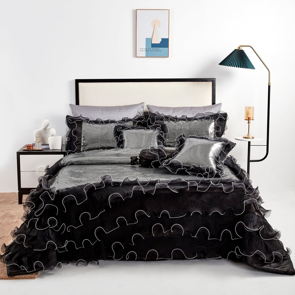 Black Organza Ruffle & Sequin Polyester 6-Piece Comforter Set