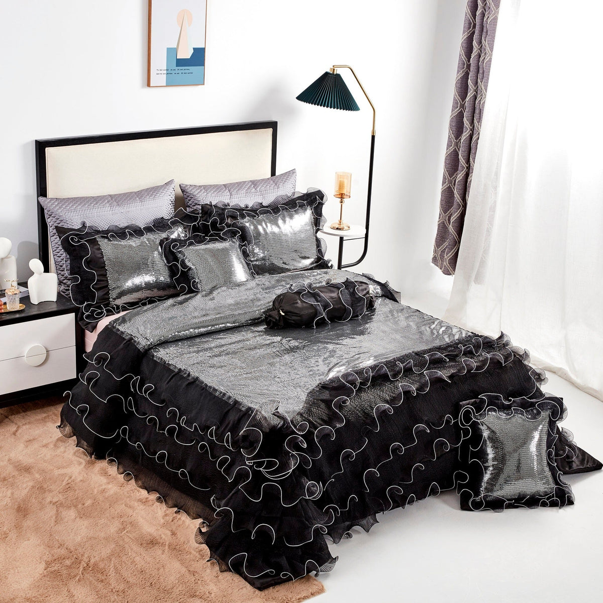Glam Night Out Silver Sequin Black Organza Ruffle Comforter Set, 6-Piece – view 2