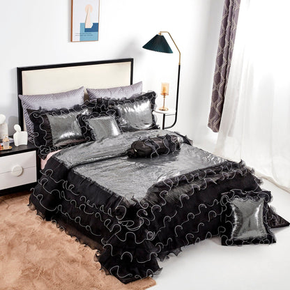 Glam Night Out Silver Sequin Black Organza Ruffle Comforter Set, 6-Piece – view 2