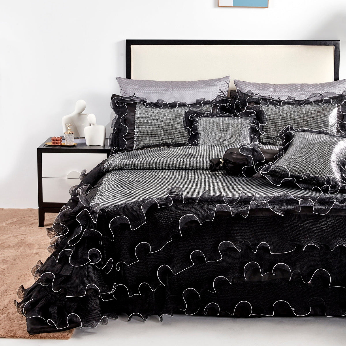 Glam Night Out Silver Sequin Black Organza Ruffle Comforter Set, 6-Piece – view 3
