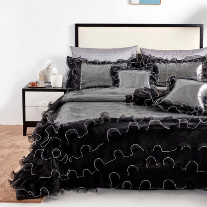 Glam Night Out Silver Sequin Black Organza Ruffle Comforter Set, 6-Piece – view 3