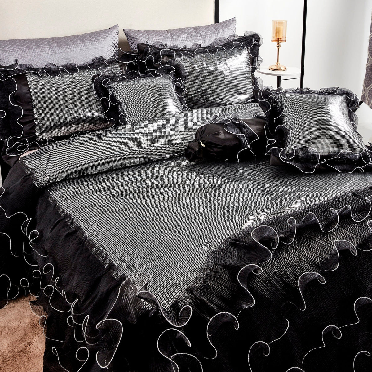 Glam Night Out Silver Sequin Black Organza Ruffle Comforter Set, 6-Piece – view 4