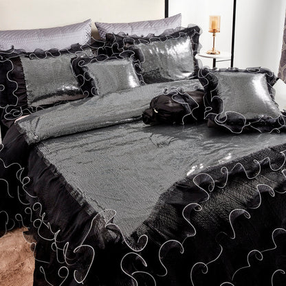 Glam Night Out Silver Sequin Black Organza Ruffle Comforter Set, 6-Piece – view 4