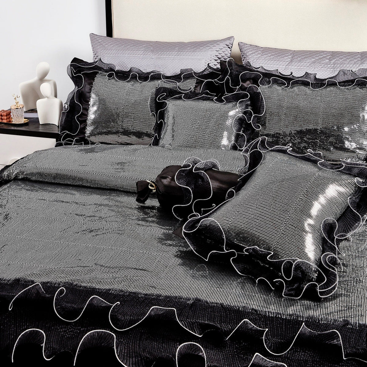 Glam Night Out Silver Sequin Black Organza Ruffle Comforter Set, 6-Piece – view 5