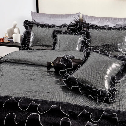 Glam Night Out Silver Sequin Black Organza Ruffle Comforter Set, 6-Piece – view 5